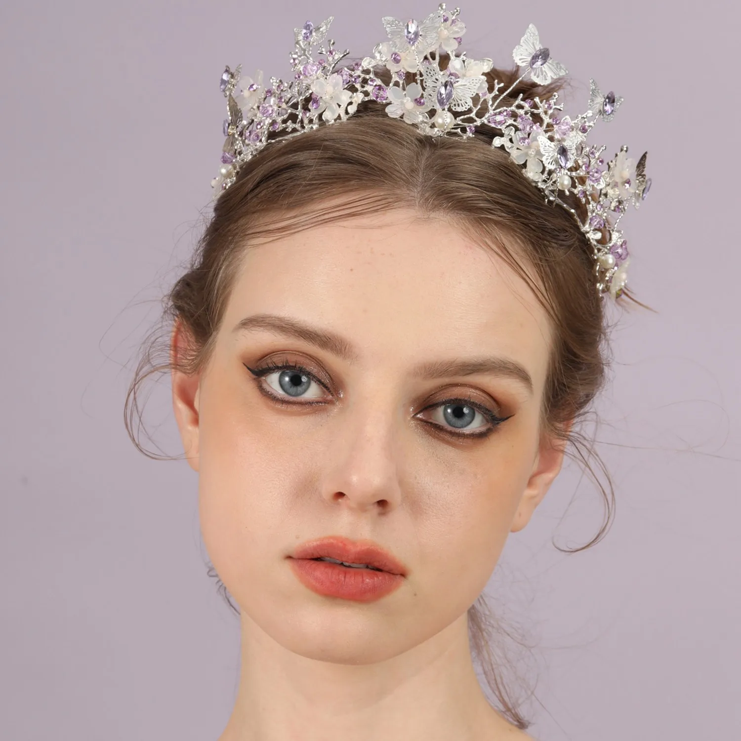 Metal color: Rhodium Plated - Baroque Silver Color Purple Crystal Butterfly Bridal Tiaras Crowns Headpiece Rhinestone Pageant Diadem Wedding Hair Accessories