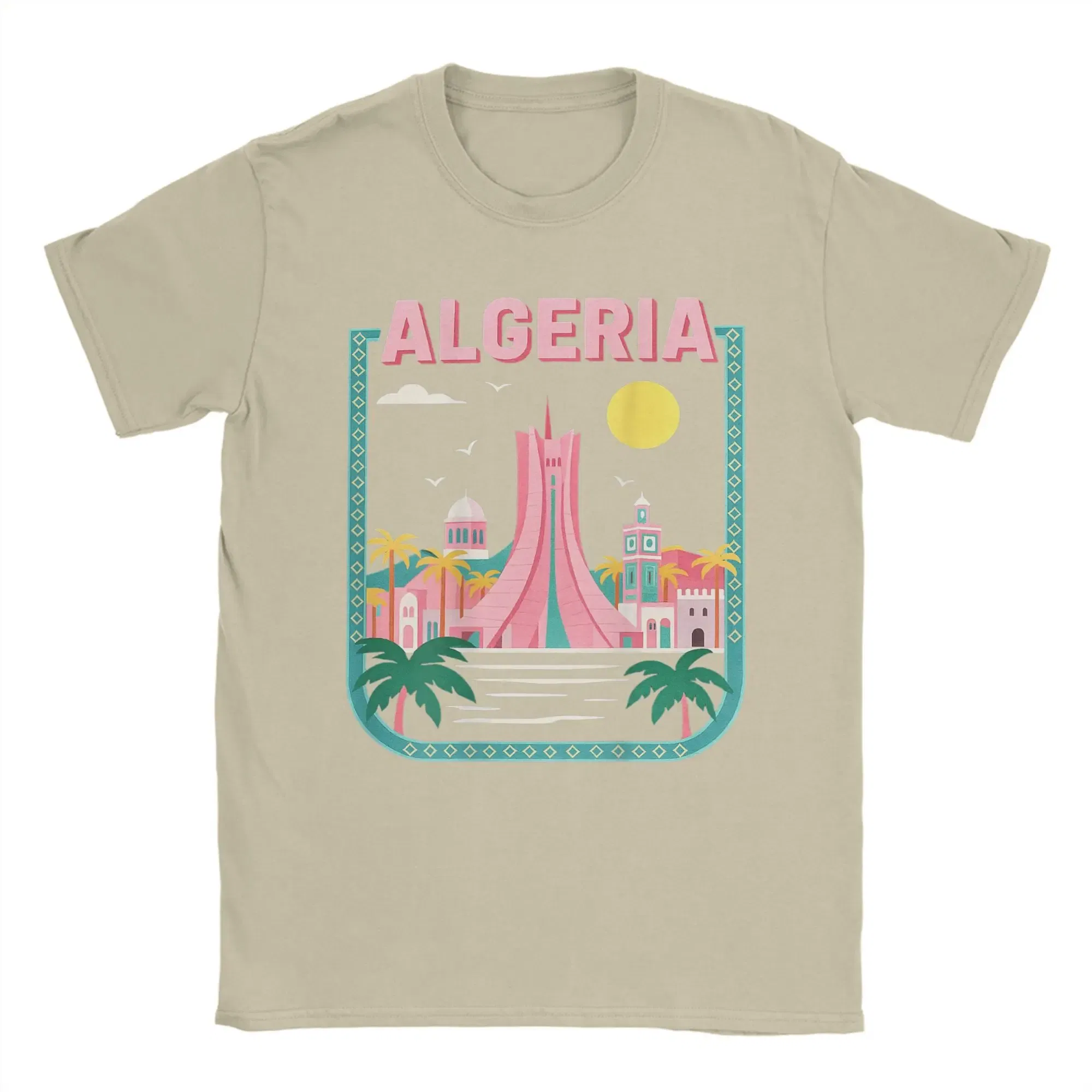 Color: Khaki, Size: 4XL - Men Algeria DZ City Algerian T Shirts Africa Arab Pure Cotton Clothes Hipster Short Sleeve Crewneck Tees Gift Idea T-Shirt