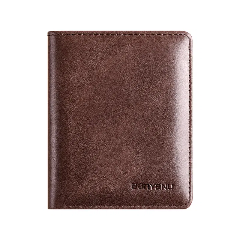 Color: Orange - Simple Design Men Card Holder Purse Vertical Slim Money Clip Genuine Leather Wallet for Men Anti RFID