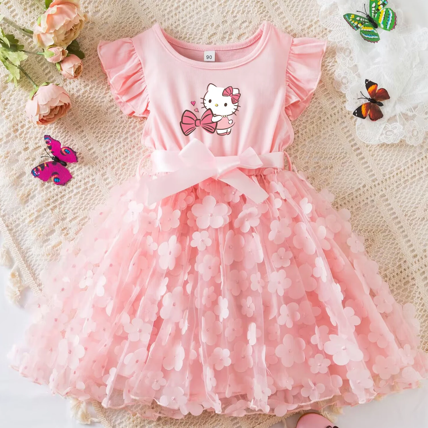 Color: GRAY, Size: M - Hello Kitty Summer Dress for Kid's Casual Clothes 3D Butterfly Cute Baby Girls Princess Dress Party Dresses 2-6 Yrs