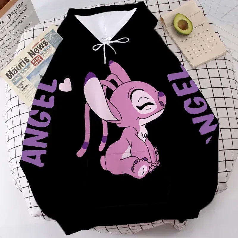 Color: GRAY, Size: S - Disney Hoodie Fashion Stitch Angel Monster Letter Cartoon Sweatshirt Pullover Cute Harajuku Unisex Women's Pocket Top