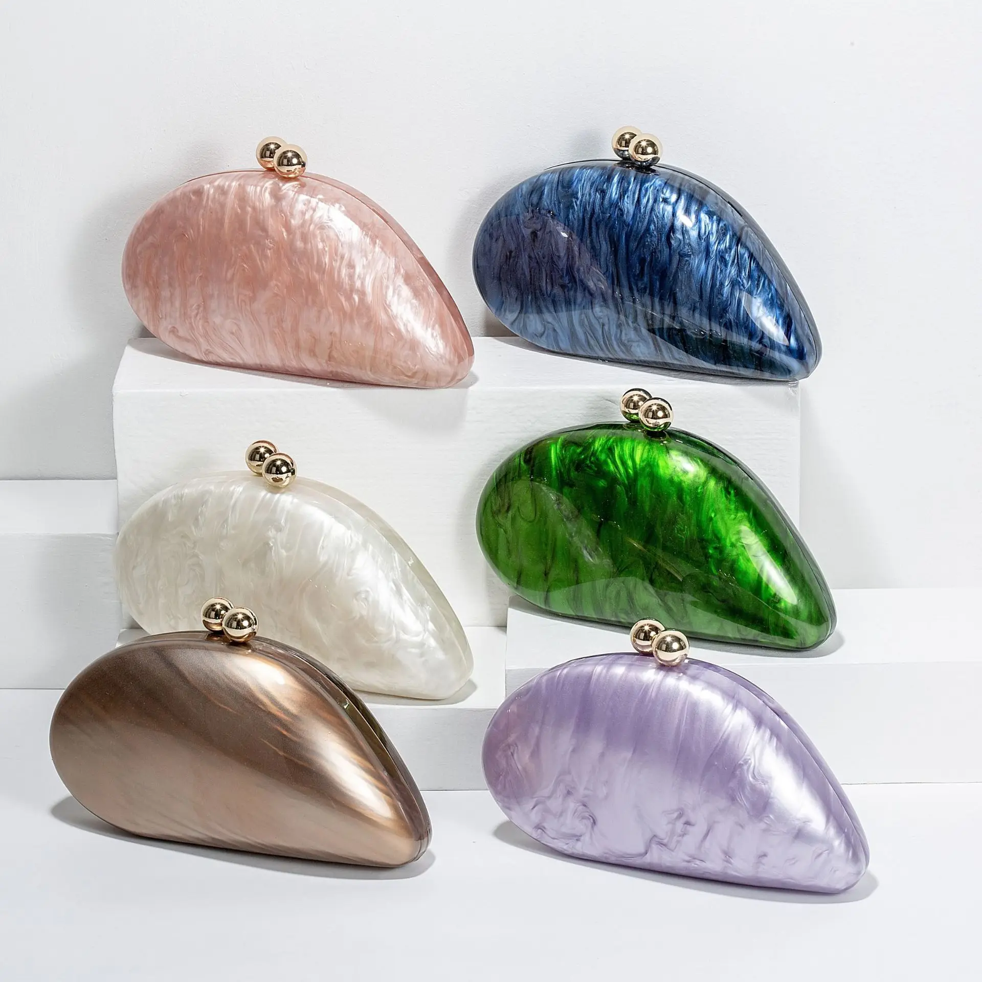 Color: Champagne - 2024 New Hot Sale Acrylic Shell Shape Clutch Bag Women Designer Evening Party Cute Pearl Egg Purse Blue Handbag Wholesale