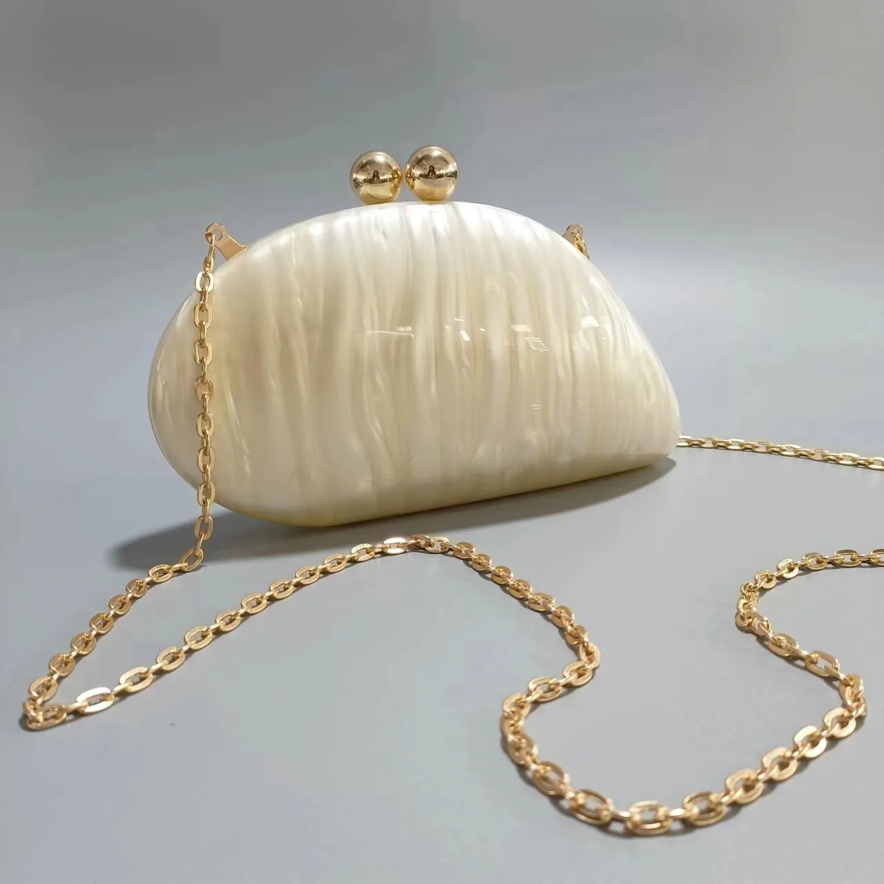 Color: Champagne - 2024 New Hot Sale Acrylic Shell Shape Clutch Bag Women Designer Evening Party Cute Pearl Egg Purse Blue Handbag Wholesale