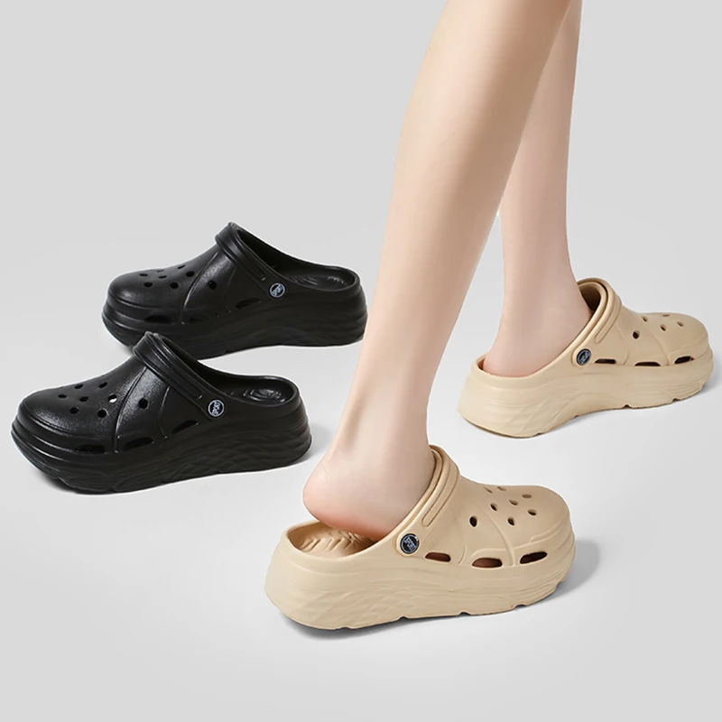 Shoe Size: 40-41, Color: black - 2025 Summer Thick Platform Clogs Slippers Women Breathable Hollow Out Garden Sandals Woman Lightweight Non Slip Beach Sandles