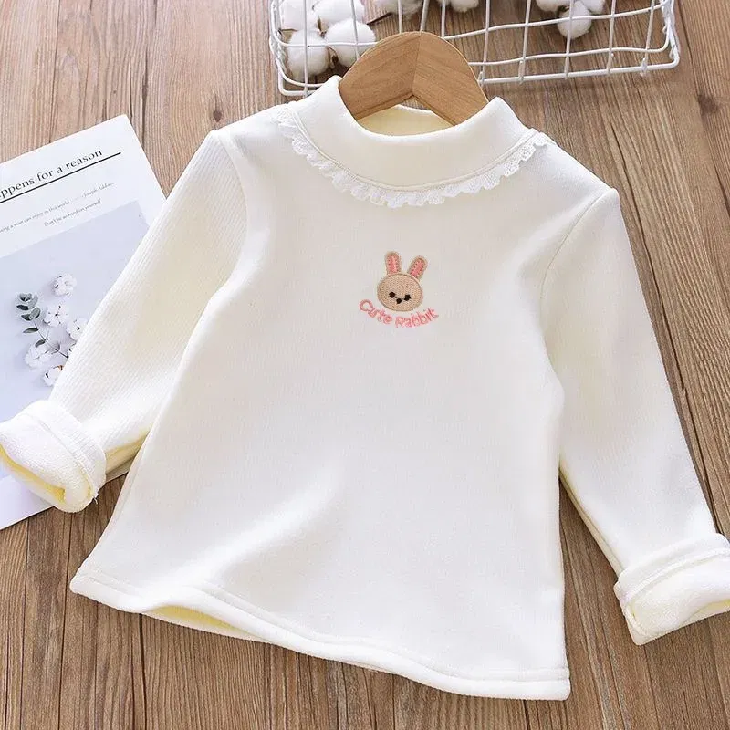 Color: black, Kid Size: 4 - 1pcs Children's T-Shirts Rabbit Embroidery Velvet warm top Kids Half High Collar Long Sleeve Base Shirt Girls Tshirts Clothes