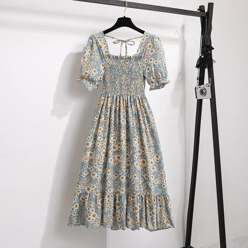 Color: Turquoise, Size: One Size - Spring Summer Chiffon Dresses Fashion Female Elastic Waist Short Sleeve Pleated Casual Dress Women A-line Dresses Vestidos