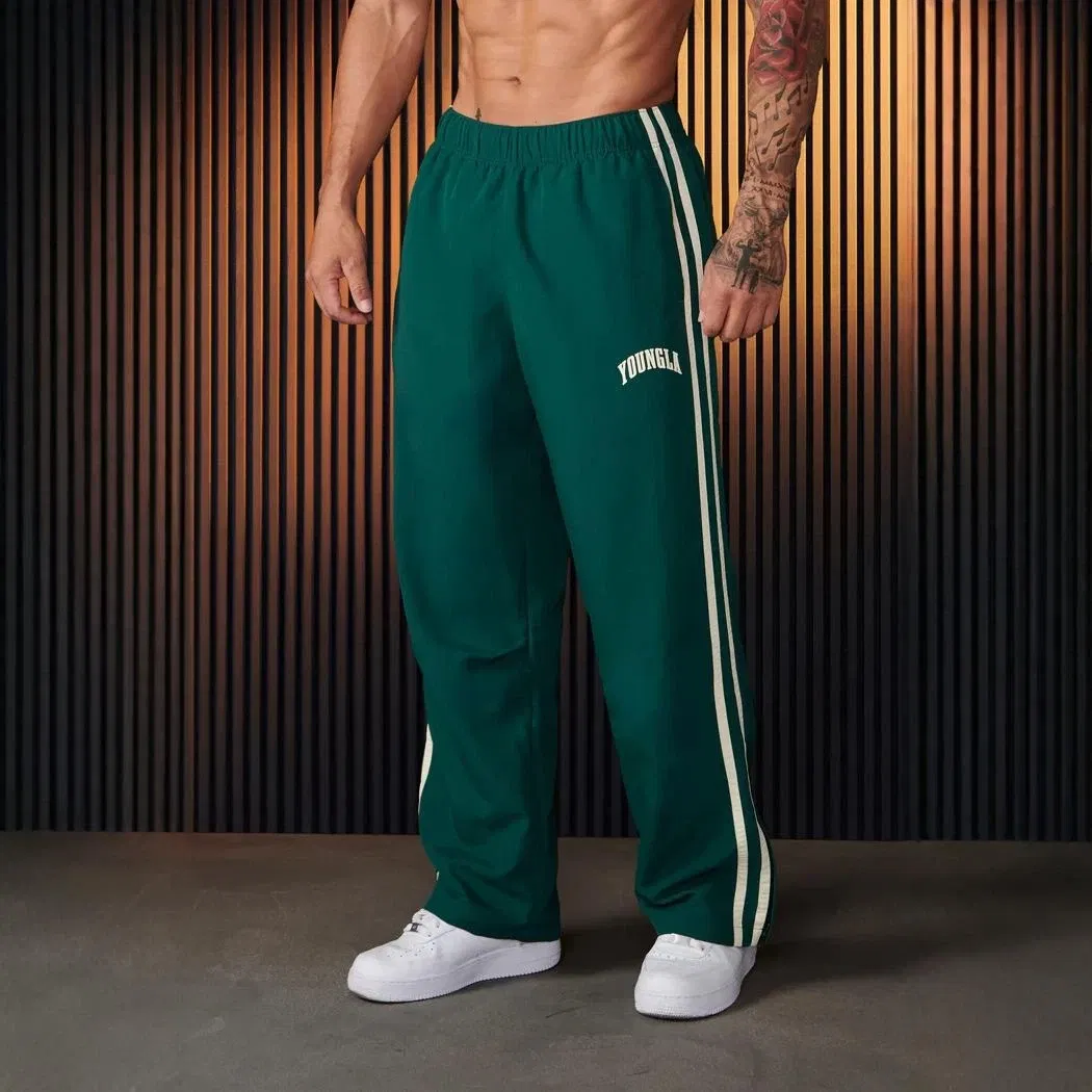 Color: Beige, Size: XL - Jogger Men's Sweatpants Gym Sports Fitness Splicing Strips Printing Mid Waist Casual Pants Ya Fashion Men Clothing Wide Leg Pan