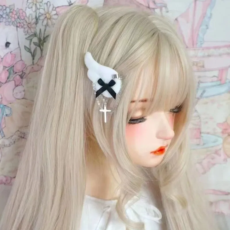 Color: WHITE - Angel Wing Hair Clip for Girls Y2K Punk Hairpins Bowknot Hairclips Animation Hair Barrettes Subculture Hair Accessories