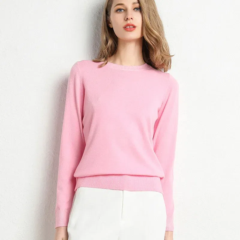 Color: Pink, Size: XL - Women Slim O-Neck Solid Pullover Cashmere Wool Blending Sweater Autumn And Winter Long-Sleeved Knit Bottoming Shirt Large Size