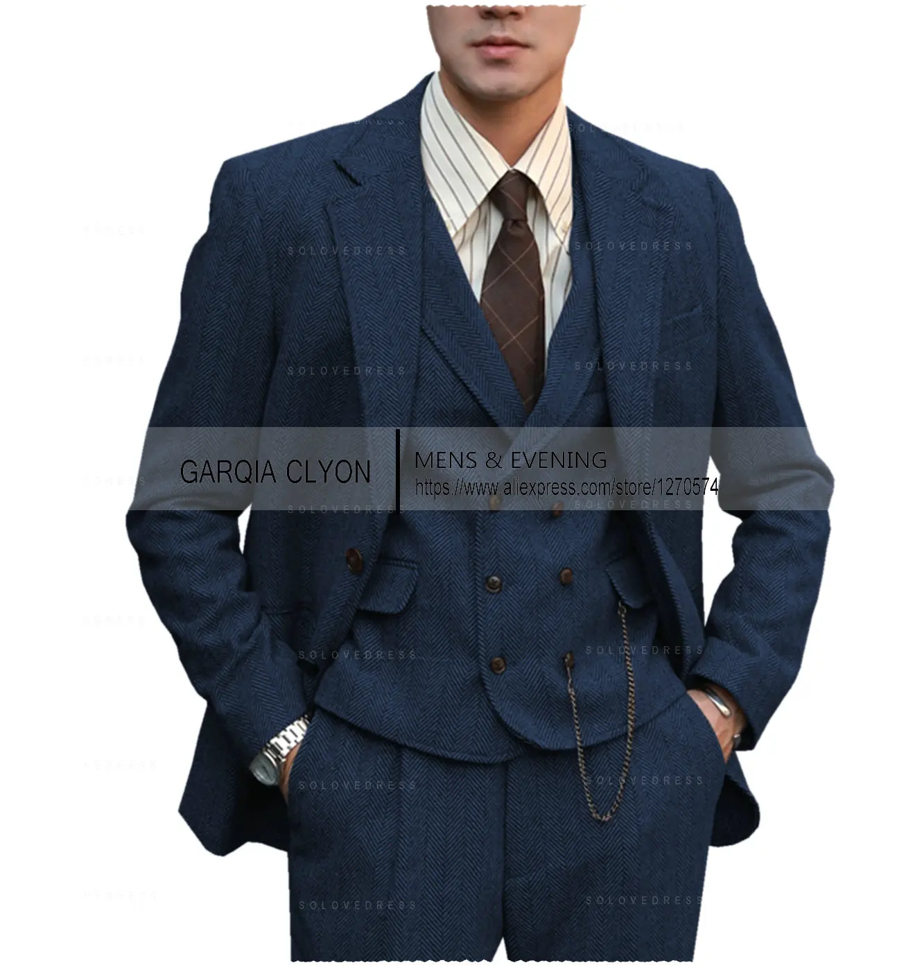 Color: ROYAL BLUE, Size: XL - Tweed Herringbone 3 Pieces Herringbone Men's Business Suits Single Breasted Slim Fit Groom  Formal Suits?€Blazer+vest+Pants?‰