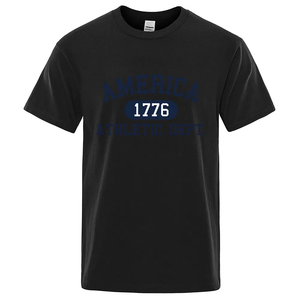 Color: Beige, Size: M - America 1776 Athletic Dept Letter Tshirt Man Fashion Tee Clothes Summer Luxury T-Shirt Hip Hop Breathable Cotton Tee Clothes
