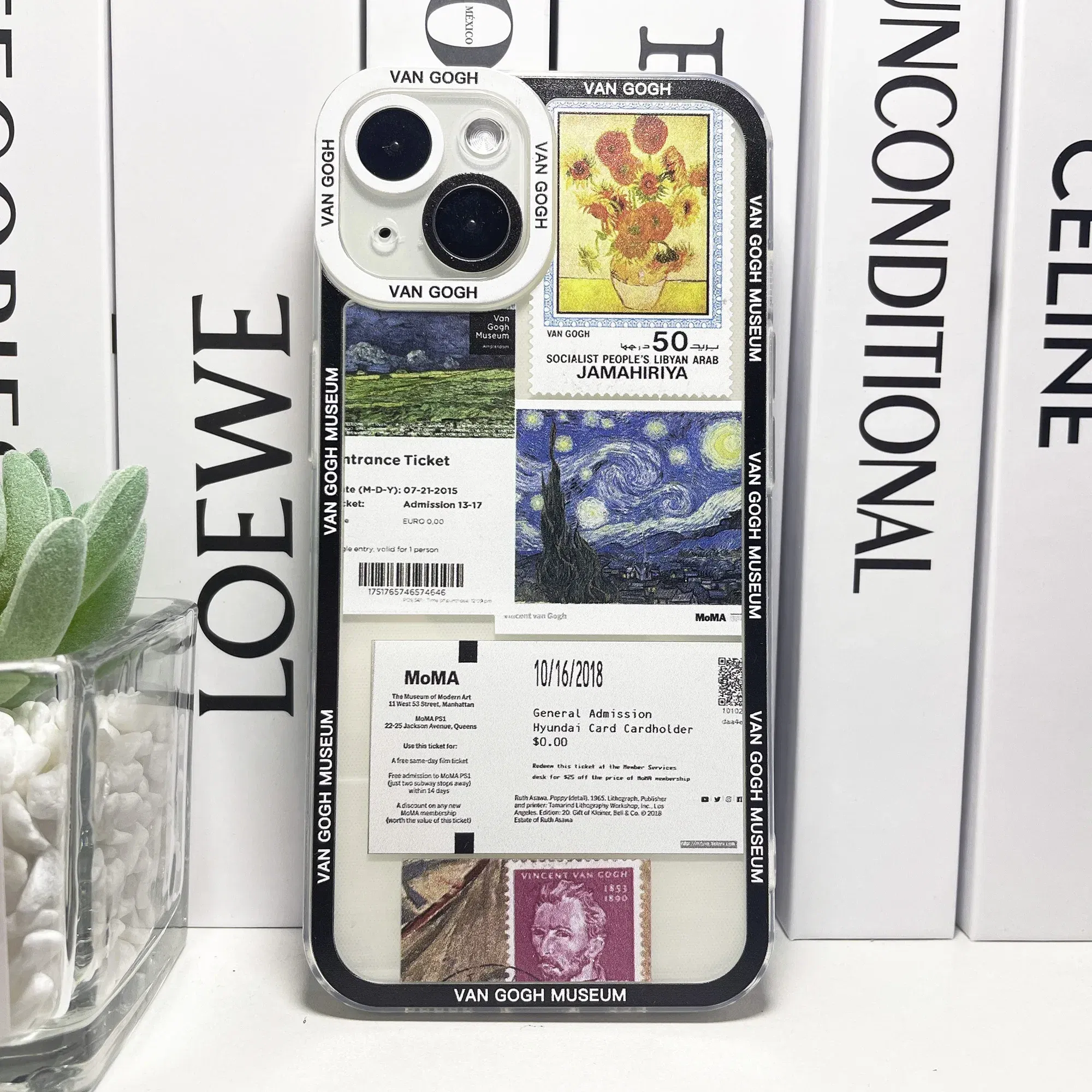 Color: Blue, Material: leather - Van Gogh David Museum Tickets Stickers Collage Art Phone Case For iPhone 14 13 12 11 Pro Max Mini XS X XR SE 7 8 Plus Soft Cover