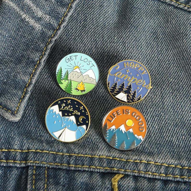 Metal color: Antique Bronze Plated - Travel Brooch Field Crossing Hiking Scenery Snow Scene Mountain Peak Alloy Clothing Accessories Backpack Brooch Badge Lapel Pins
