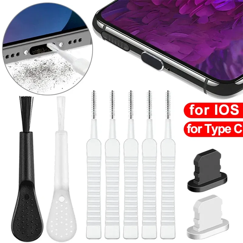 Universal Mobile Phone Charging Port Dust Plug with Cleaning Kit for IPhone 14 13 12 Pro Max Samsung Xiaomi Type C Cleaner Kit