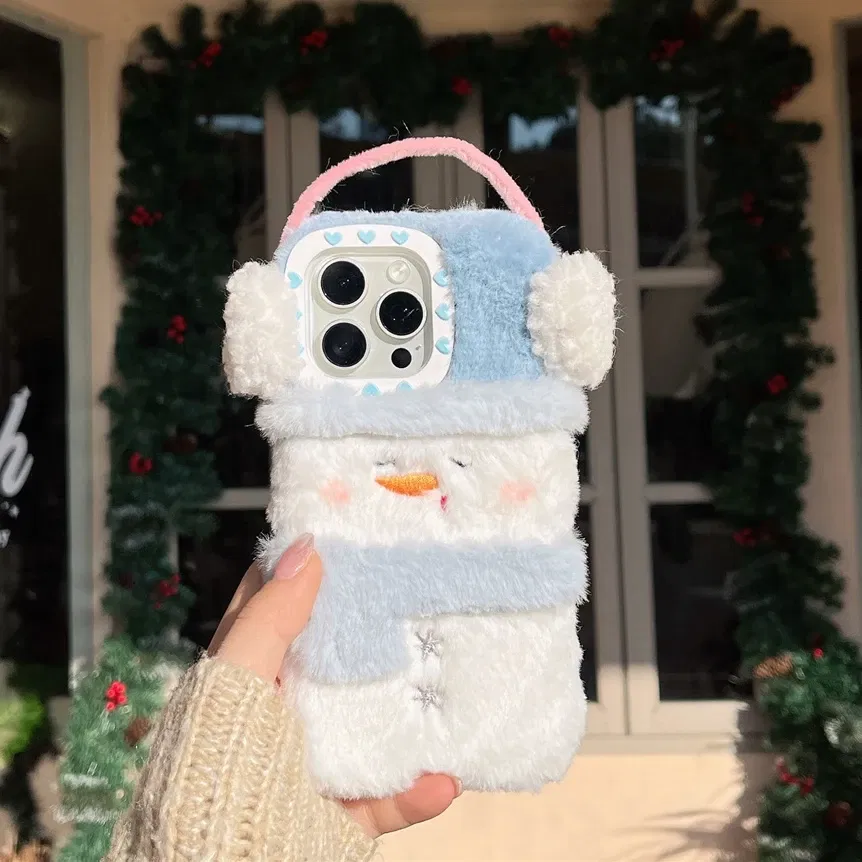 Color: Beige, Material: Genuine leather - Cute Cartoon Furry Snowman Case for iPhone 16 15 14 Pro Max 12 13 11 16Pro Plush Winter Warm Love Heart Soft Shockproof Cover