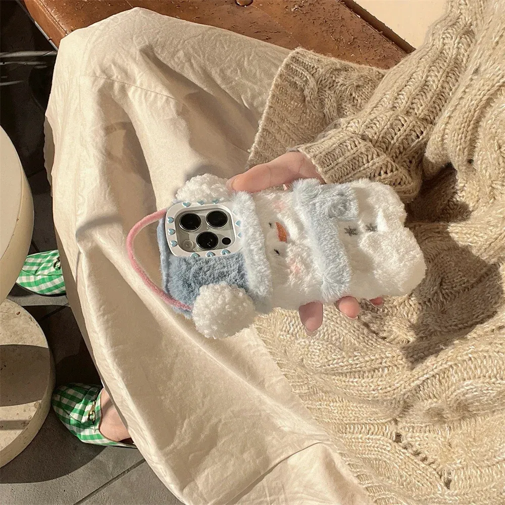 Color: Beige, Material: Genuine leather - Cute Cartoon Furry Snowman Case for iPhone 16 15 14 Pro Max 12 13 11 16Pro Plush Winter Warm Love Heart Soft Shockproof Cover