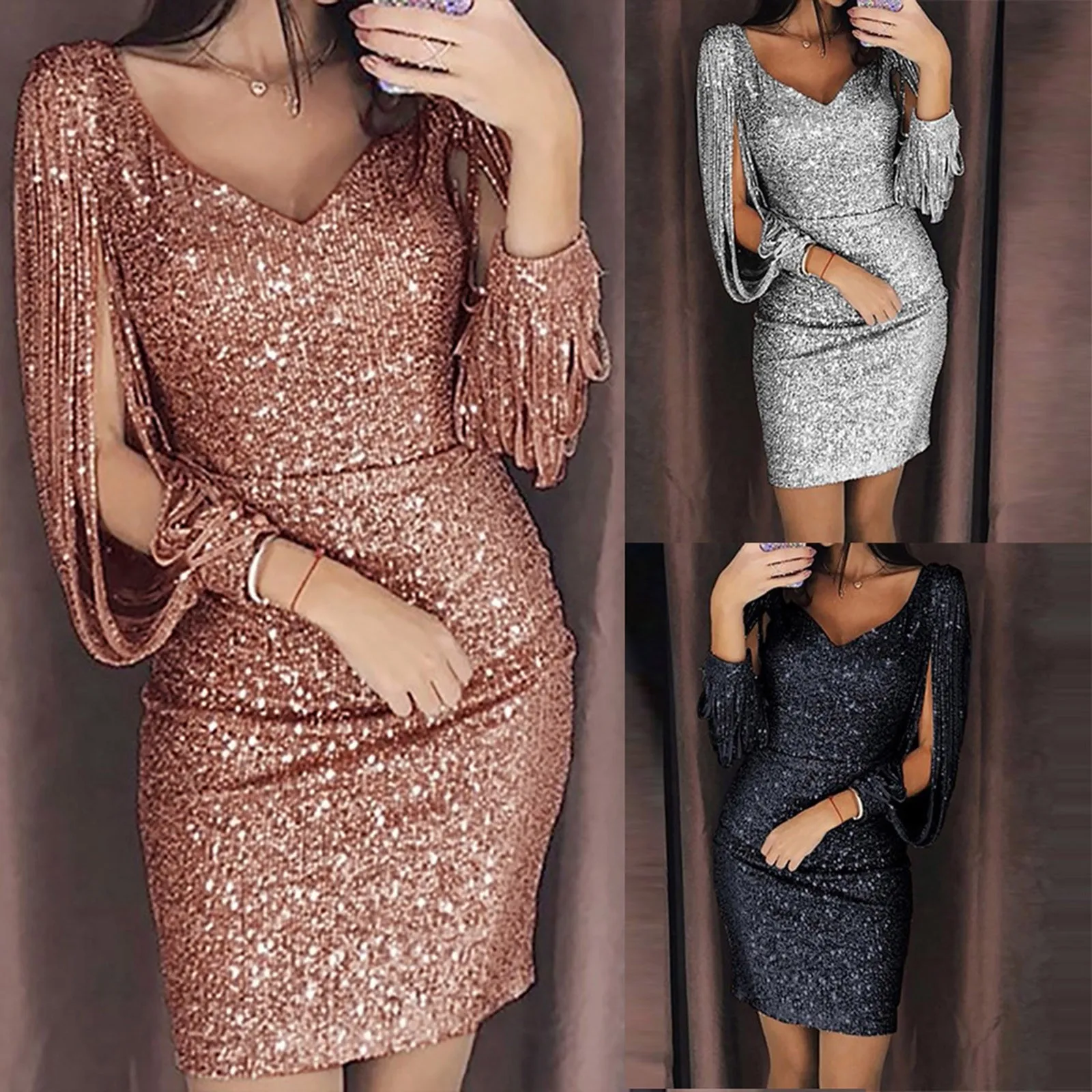 Color: Khaki, Size: M, Ships From: CN - 2024 New Women Sexy Dresses Glitter Sparkly Sequin Tassel Sleeves V Neck Club Mini Skinny Sundress Elegant Ladies Party Dresses