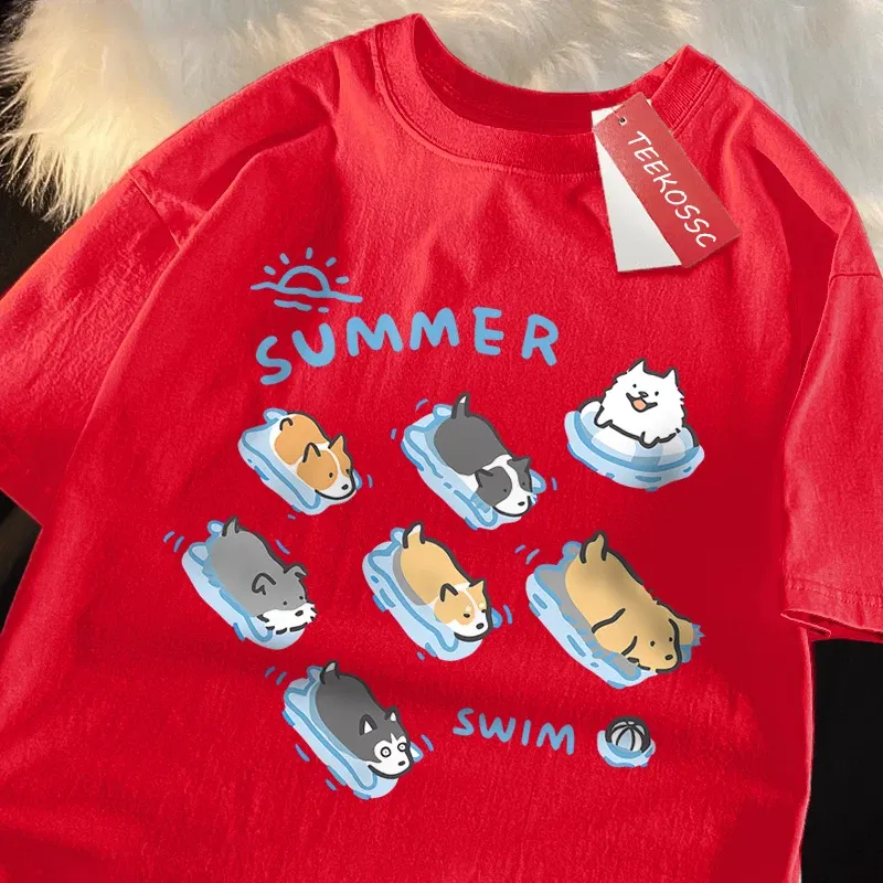 Color: green, Size: XXL - Fun Cat And Dog Swimming Japanese Style T-Shirt Female Casual Loose T-Shirts Summer Cotton Tops Fashion Breathable Tee Clothing