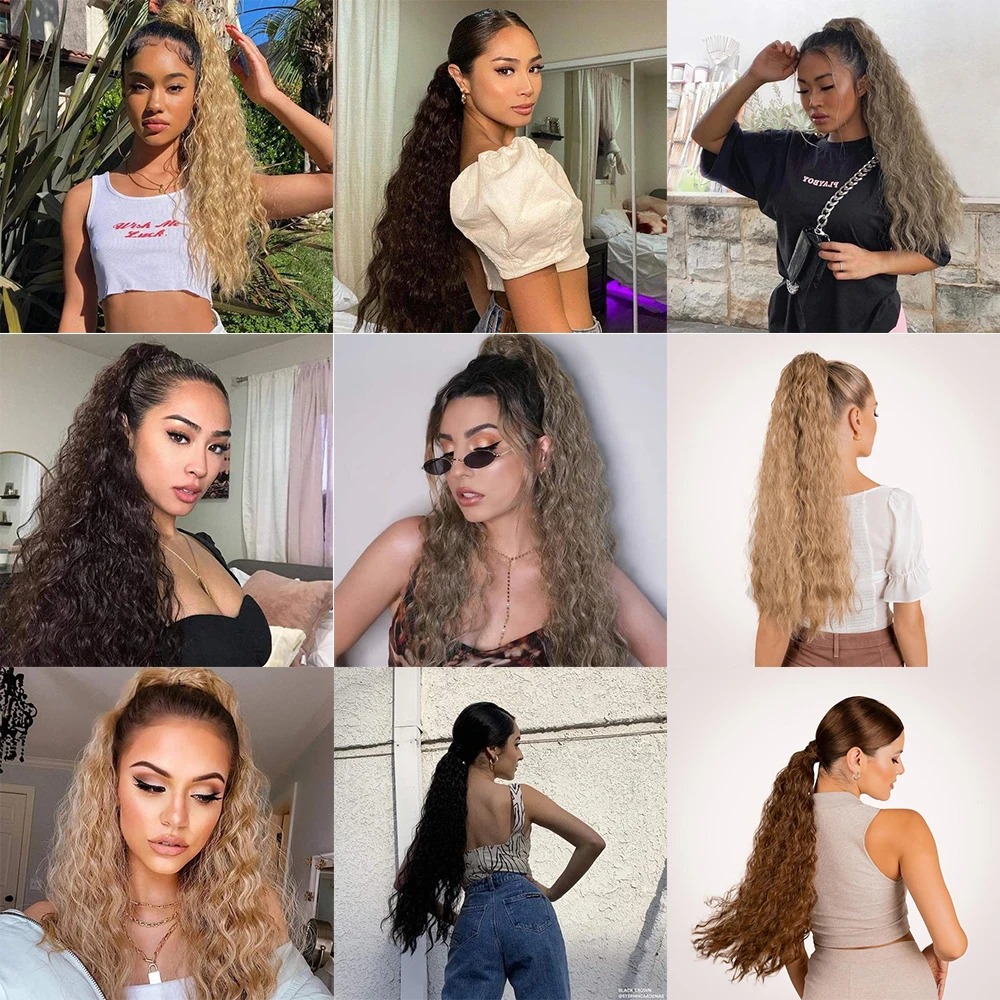 Color: P18/613, Stretched Length: 22inches - Synthetic Long Corn Wavy Ponytail Hairpiece Wrap on Hair Clip Ombre Brown Blonde Hair Extensions Pony Tail