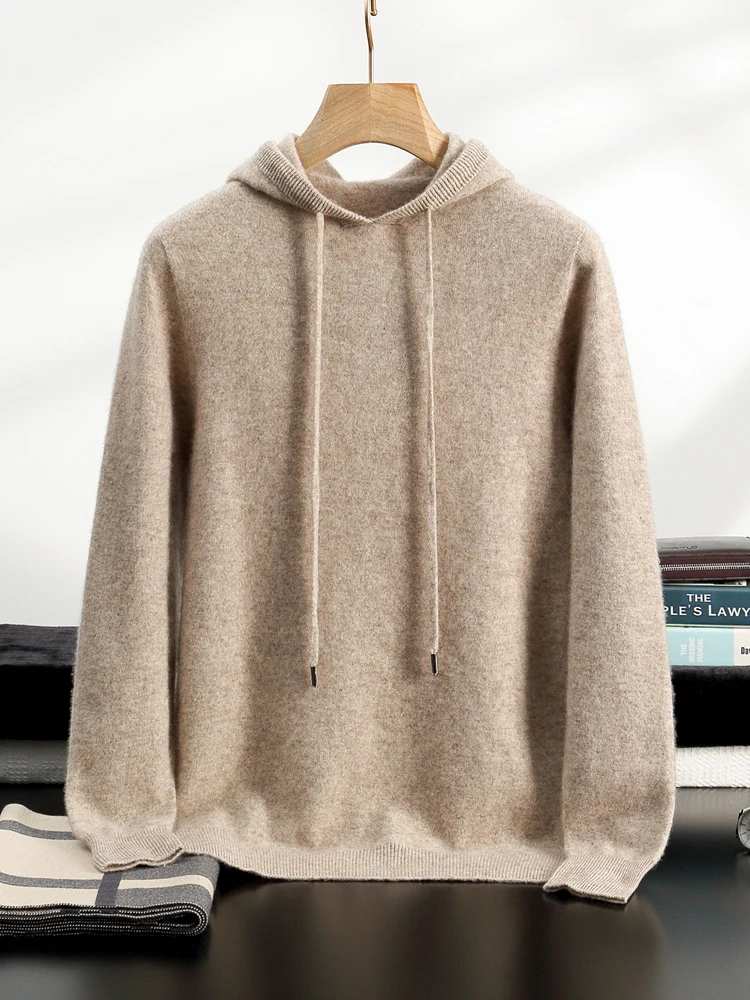 Color: Light Grey, Size: M - MEETCC Luxury Men Cashmere Hooded Pullover Thick Warm Hoodie Sweater Autumn Winter 100% Cashmere Knitwear Quality Jumpers Tops