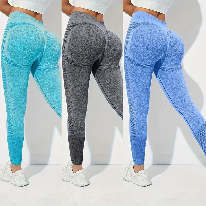 Size: S, Color: Dark blue - Yoga Basic 3pcs Fitness Gym Tights Seamless Hip-hugging Tummy Control Yoga Leggings With Punch Out Holes