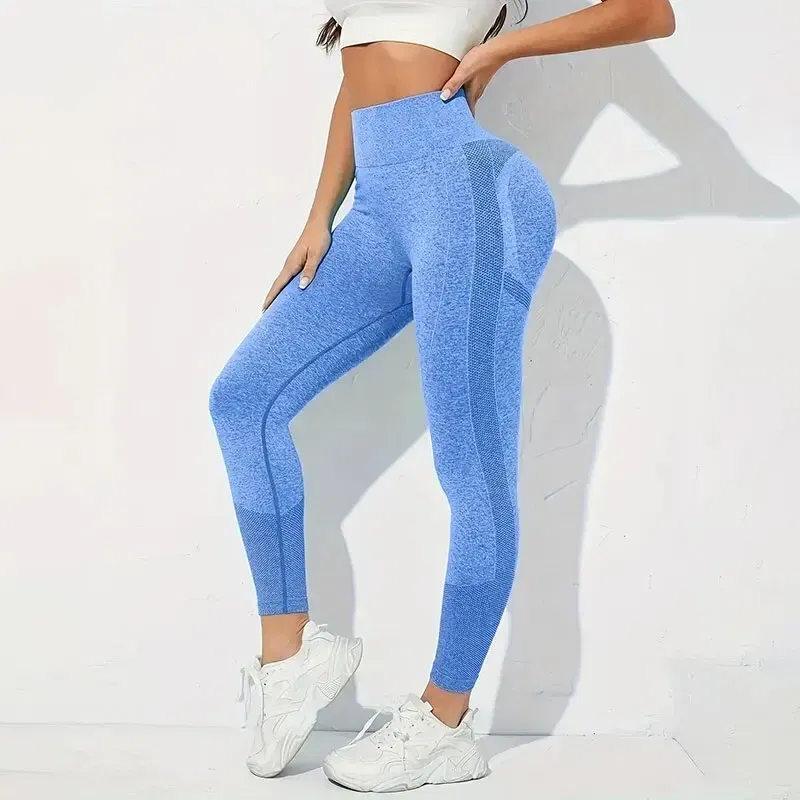 Size: S, Color: Dark blue - Yoga Basic 3pcs Fitness Gym Tights Seamless Hip-hugging Tummy Control Yoga Leggings With Punch Out Holes