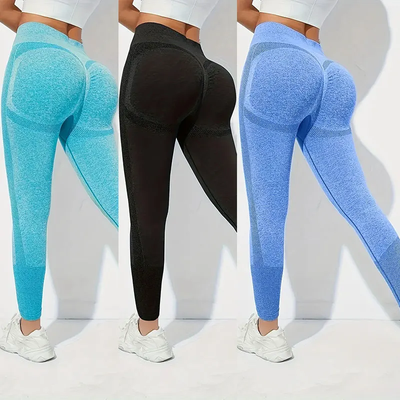 Size: S, Color: Dark blue - Yoga Basic 3pcs Fitness Gym Tights Seamless Hip-hugging Tummy Control Yoga Leggings With Punch Out Holes