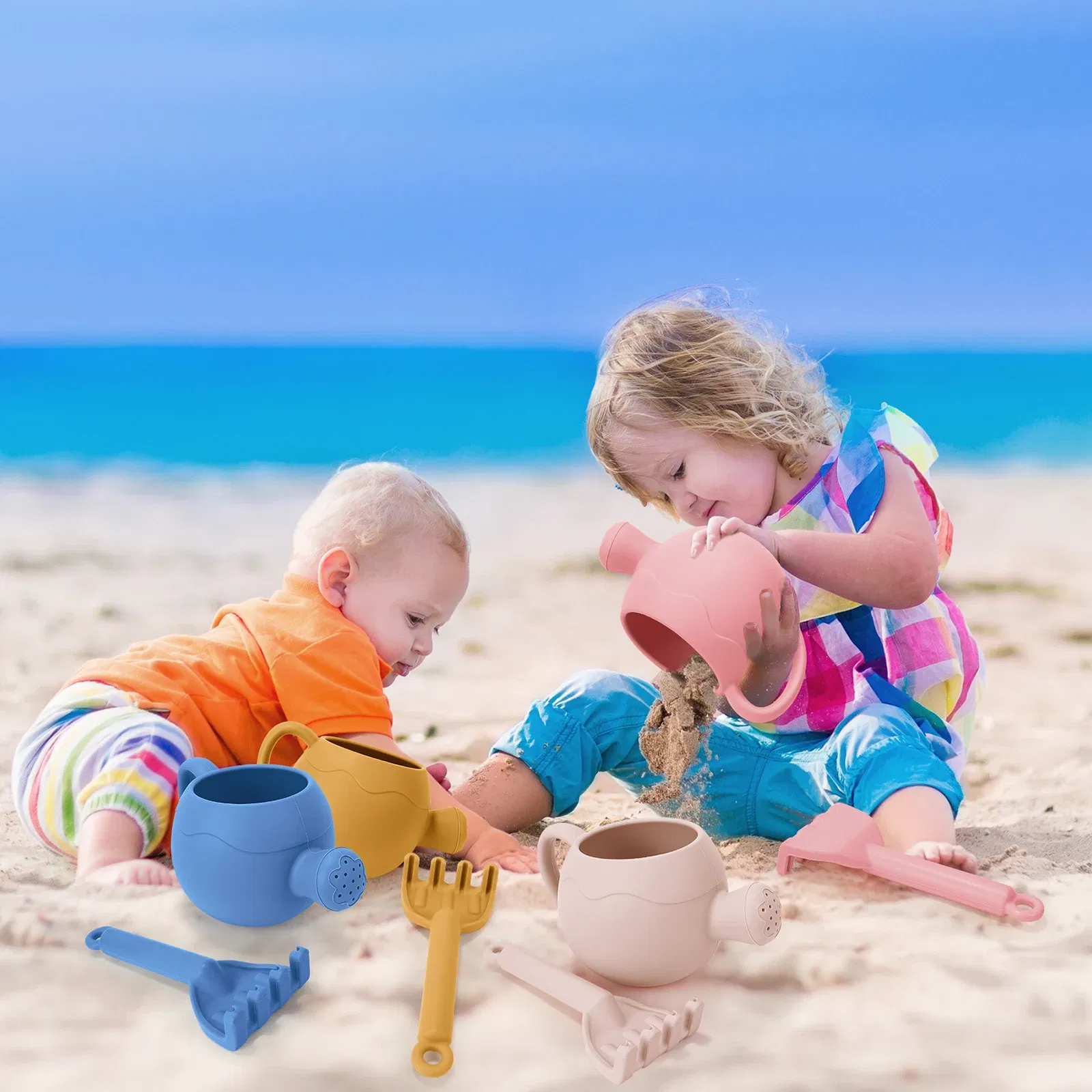 Color: light green - Summer Beach Toys Sand playing tools Soft Silicone Watering Pot Rake Set Play Sand Bucket Shovels Suitable for children outdoors
