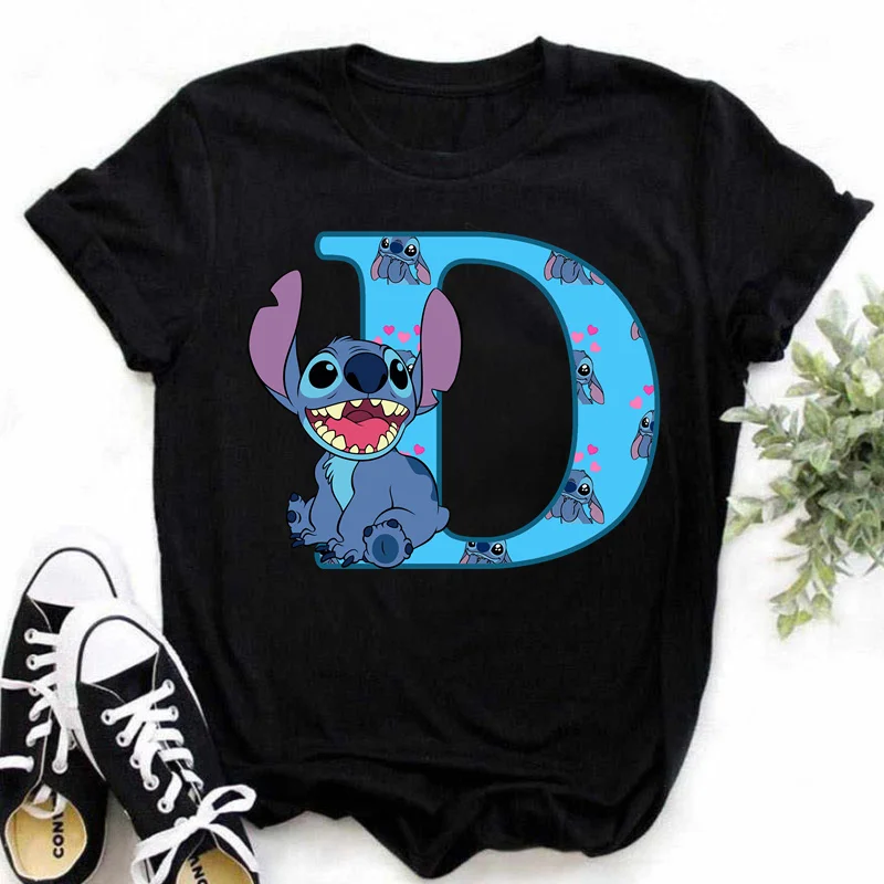 Color: Gold, Size: M - Disney Lilo&Stitch A-Z Alphabet Summer Women's Printed T-Shirt Women's Casual Tops T-Shirt Fashion Cartoon Plus Size T-Shirt