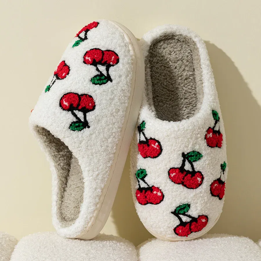 Color: Yellow, Shoe Size: 5 - Cute Little Cherry Slippers Women Fluffy Cherries Fur Plush House Shoes Female Bedroom Comfy Home Flat Slip-on Slides New