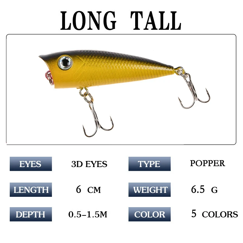 Color: Orange - 1pc Popper Fishing Lure 6cm/6.5g Hard Bait Artificial Topwater Bass Trout Pike Wobbler Fishing Tackle with 2 Treble Hooks