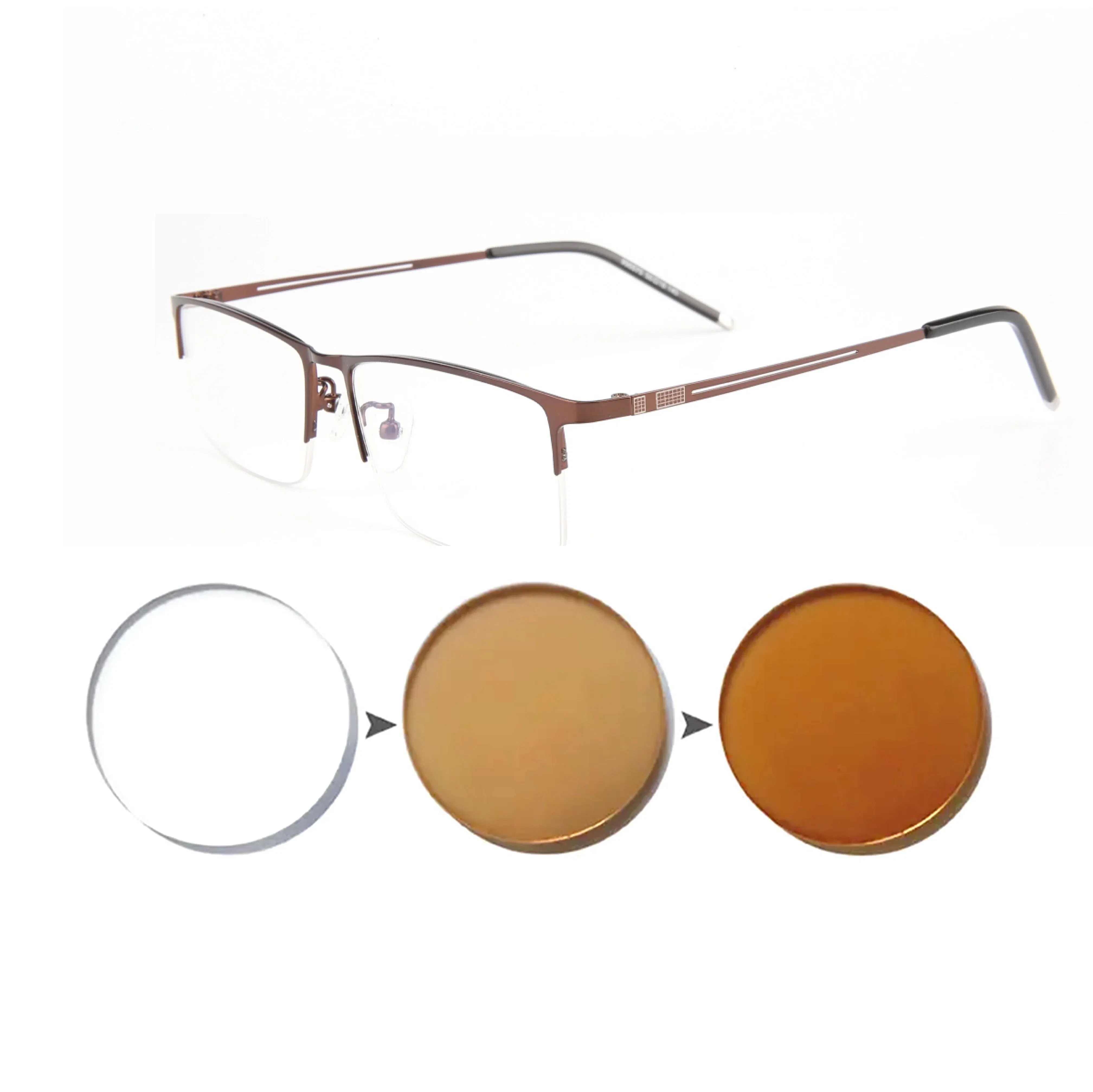 Frame Color: Yellow, Eye Prescription: +600 - Sun Photochromic Finished Myopia Glasses Women Men Metal Half Frame Chameleon Short-sight Eyewear0 -0.5 -0.75 -1.0  To -6.0