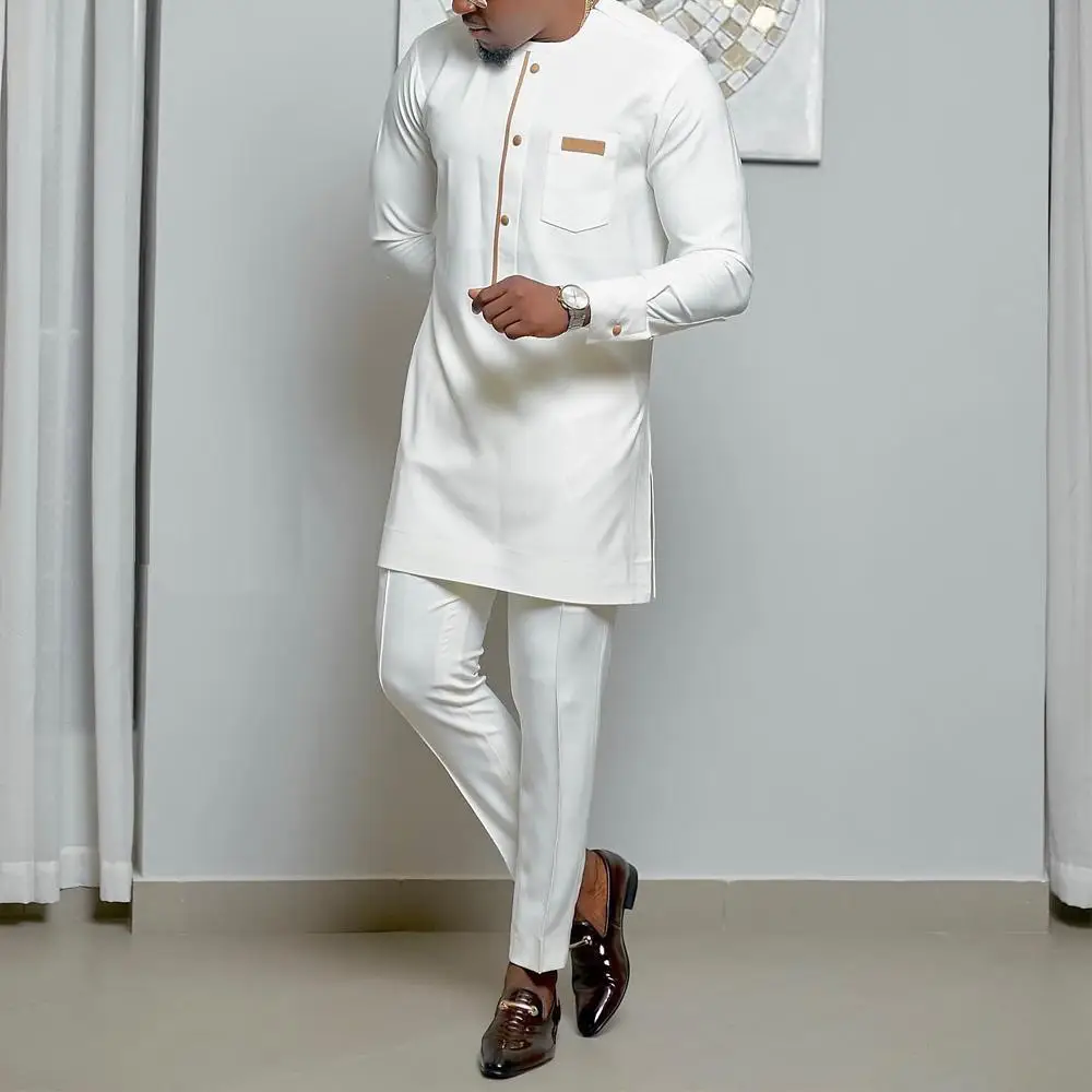 New Dashiki Men's Set Grey Round Neck Long Sleeve Luxury Brand Men's Suit Casual Slim Fit Men's Set Wedding Evening Suit