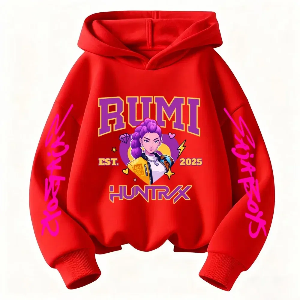 Color: Beige, Kid Size: 7 - 2025 KPop Devil Hunter Cartoon Girl Boy Hooded Sweatshirt Kawaii Children's Korean Wave Casual Fashion Top