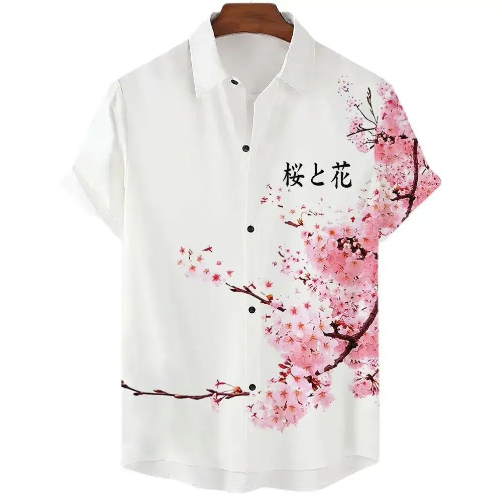 Color: Navy Blue, Size: XXL - Fashionable Luxury Social men's Shirt Lapel button-down Shirt Casual Japanese Aesthetic Cherry Blossom Print short-sleeved Tops
