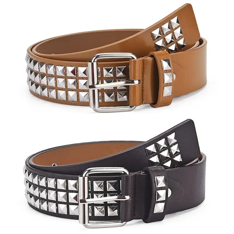 Color: WHITE, Belt Length: 110cm - Fashion New Square Bead Rivet Belt Metal Pyramid Belt Men and Women Punk Hardware Jeans Belt Y2K Belt Designer Belt Women's Belt