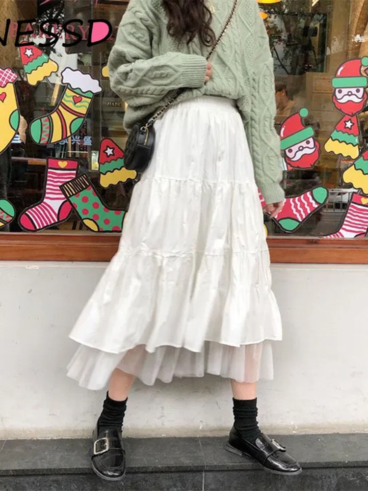 Color: WHITE, Size: XL - Long Tulle Midi Skirts Womens  Autumn Elastic High Waist Mesh Tutu Pleated Skirts Female Black White Long Skirt Streetwear