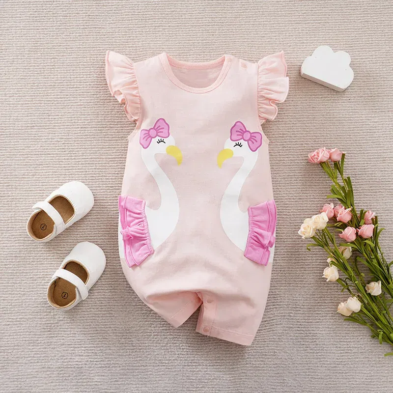 Color: Pink, Kid Size: 3M - Summer Fashion Girl Cute Cartoon Swan Cotton Comfortable Casual Sleeveless Round Neck Baby Bodysuit