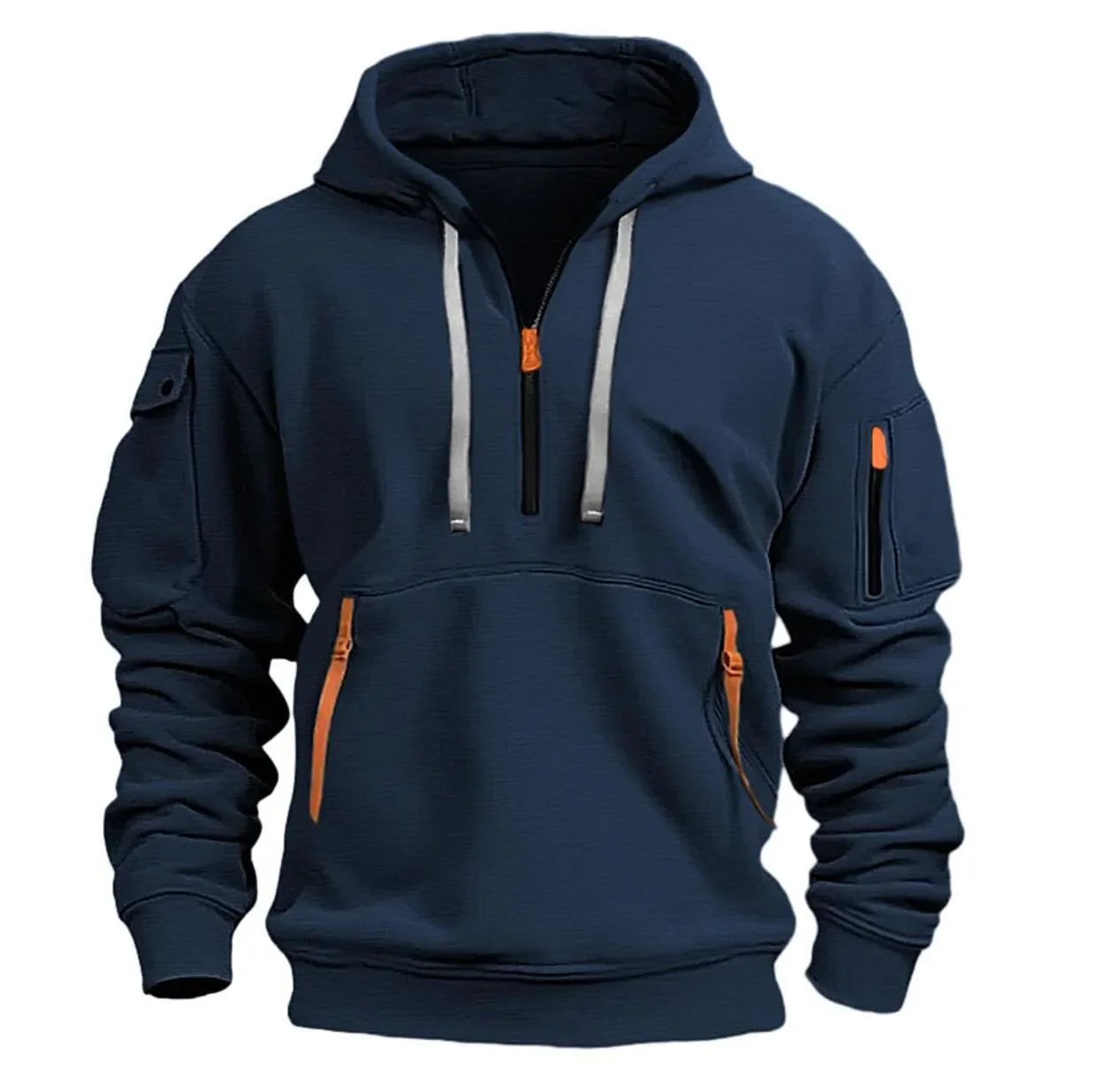 Color: Blue, Size: L, Sale by Pack: Pack of 1, Ships From: CHINA - New hoodie men zipper multi pocket hoodie Spring  Winter Fleece Warm Sweatshirt Fashion Streetwear Sports Hoody Solid Pullover