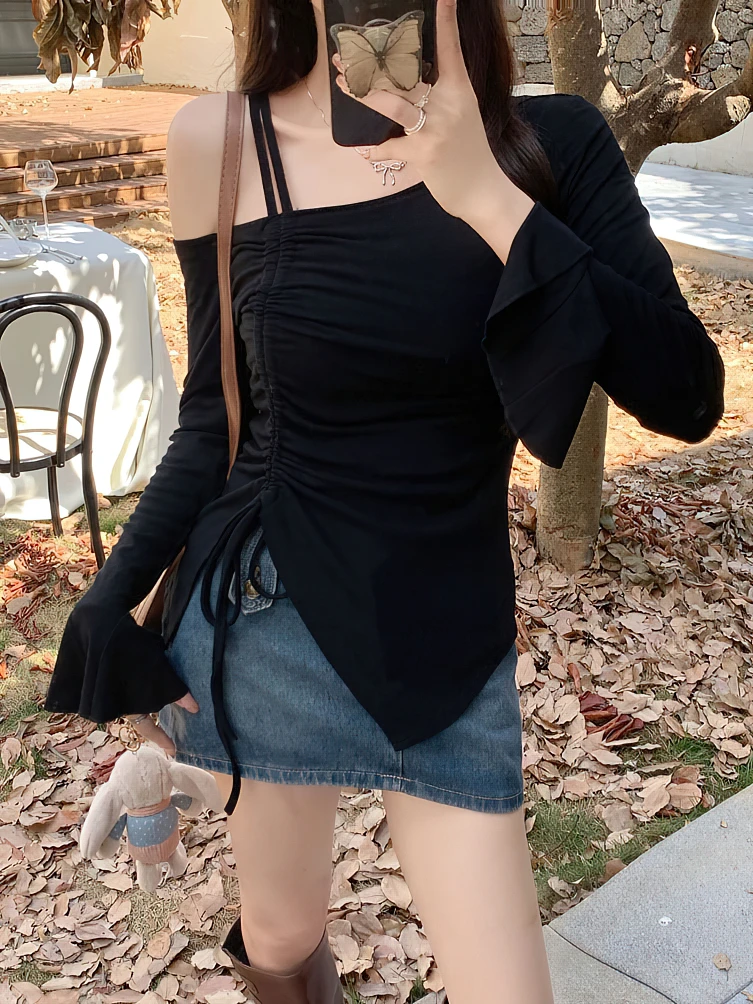 Color: black, Size: L - Sweet Sexy Drawstring Ribbon White Off Shoulder Top Women Basic Long Sleeve Body T-Shirt Elegant Flare Sleeve Lady Tees Pulovers