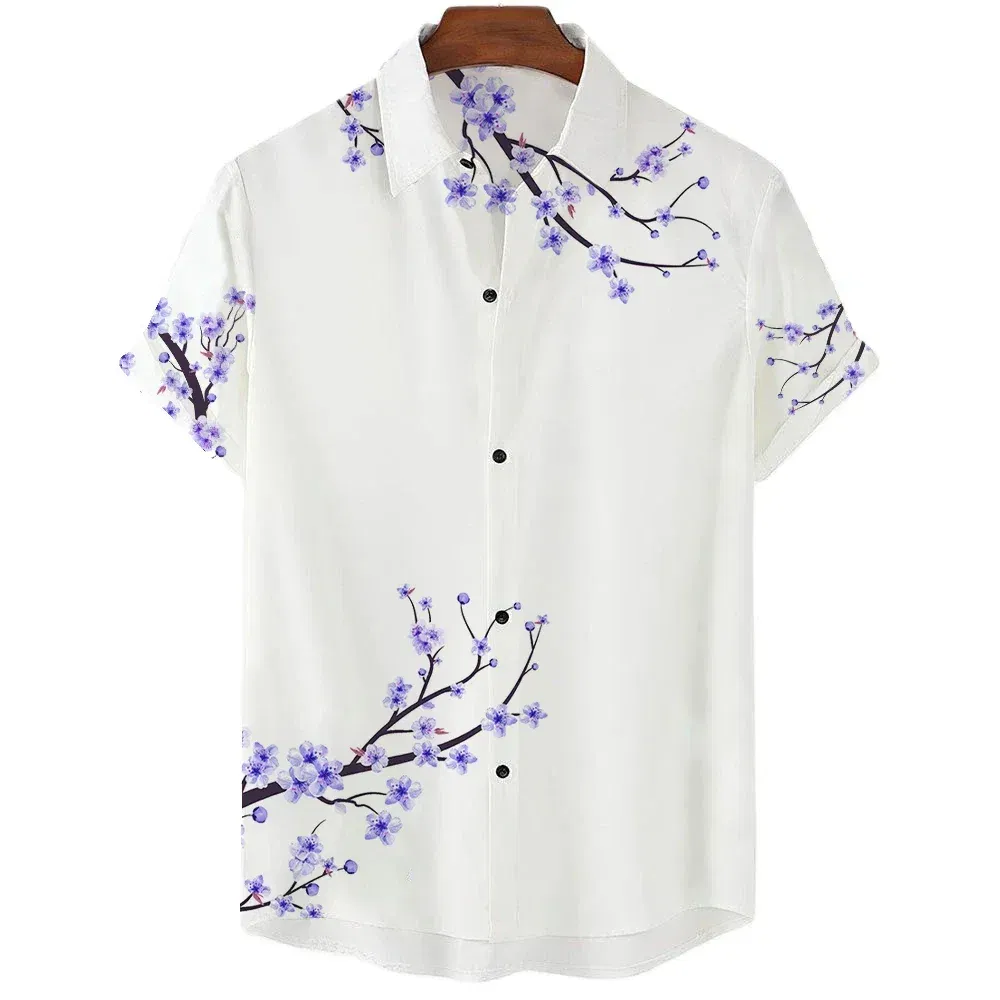 Color: Fuchsia, Size: S - Fashionable Luxury Social men's Shirt Lapel button-down Shirt Casual Japanese Aesthetic Cherry Blossom Print short-sleeved Tops