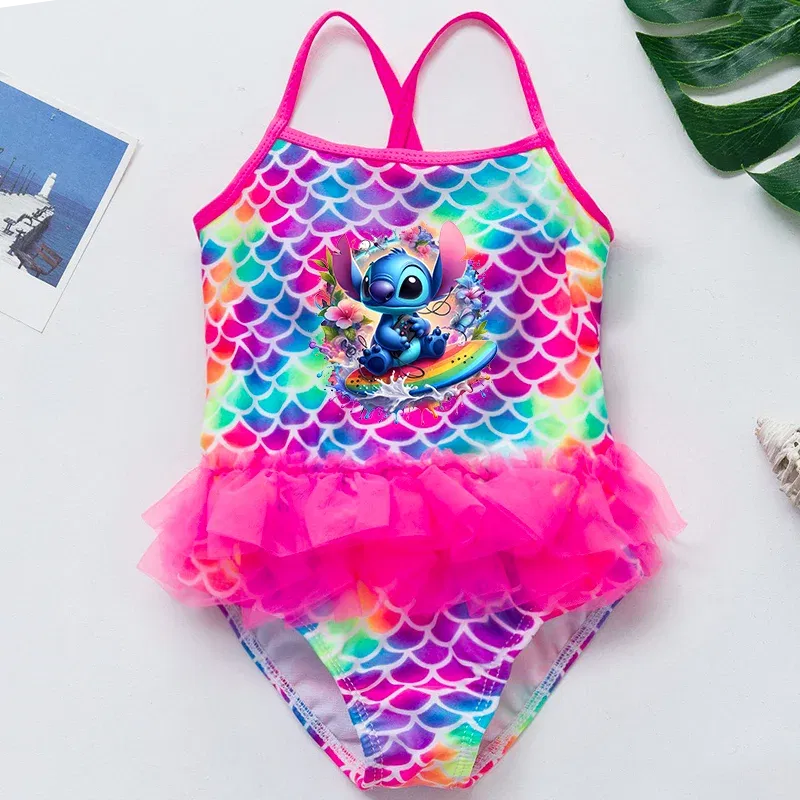 Color: Orange, Kid Size: 12M - Lilo Stitch Girl Swimsuit Summer One-Piece Swimwear Beachwear Pool Mermaid Fish Scale Print Bikini Bathing Outfit Swimming Wear