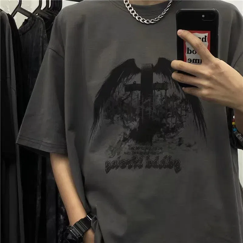Color: Gold, Size: XXXL - Men T-shirts 2023 Summer Streetwear High Street Gothic Skull Tshirt Loose Oversized Short-sleeved T shirt Dark Anime Men Y2k Top