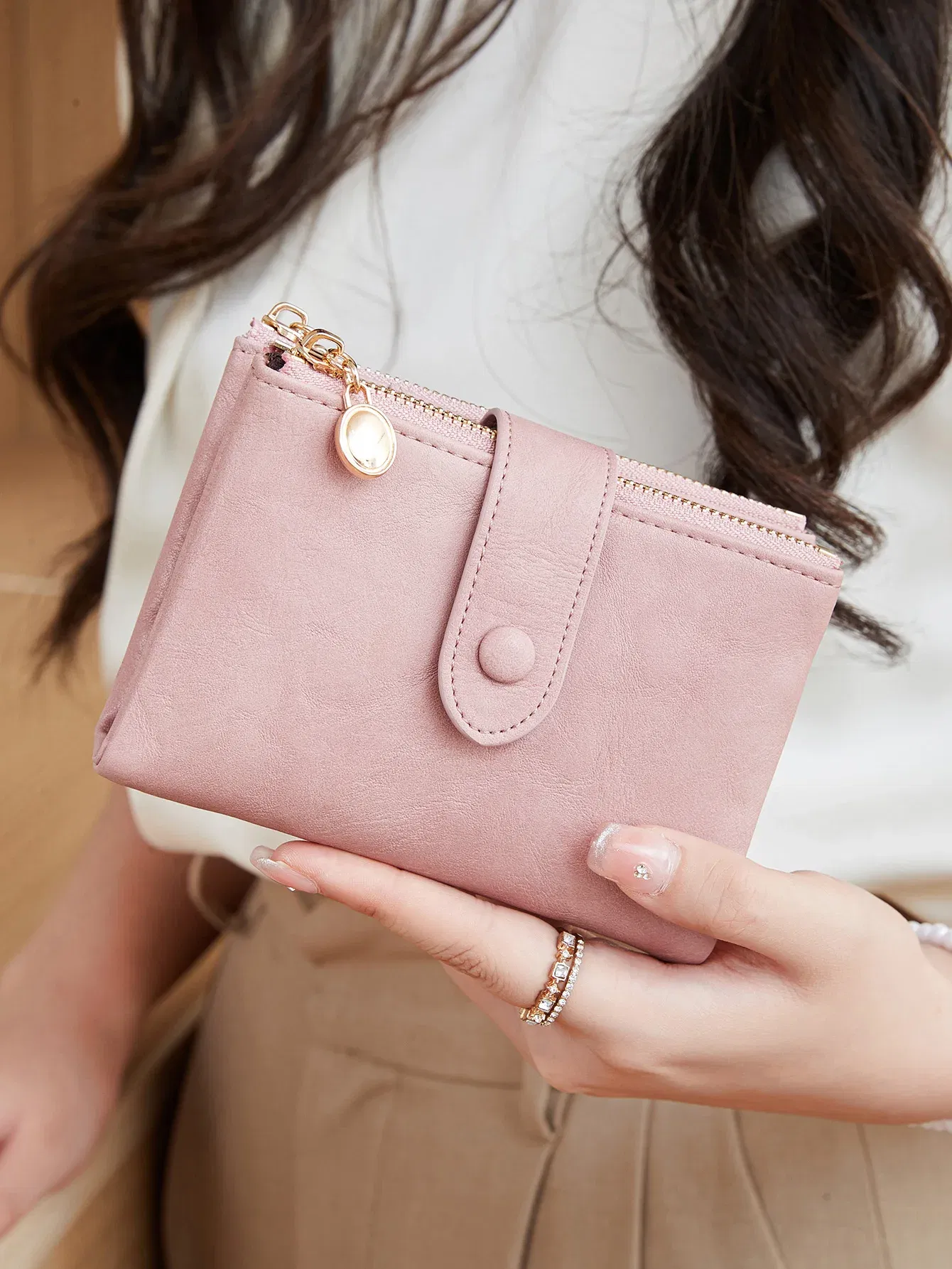 Color: Blue - Minimalist Women's Wallet Short Three Layer Large Capacity Double Zipper Card Holder ID Card Credit Bank Card Holder Money Bag