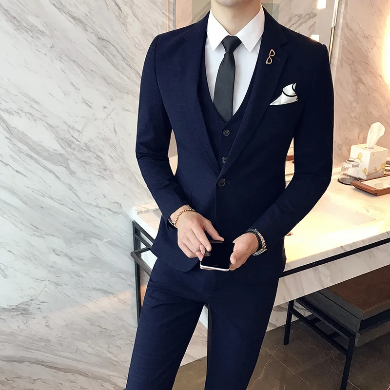 Color: Pink, Size: L - Gray Men Classic Striped/Checked Suits, Business Office 3 Piece, Asian Size Slim Fit Men Dress Jacket & Pants with Vest, S-4XL
