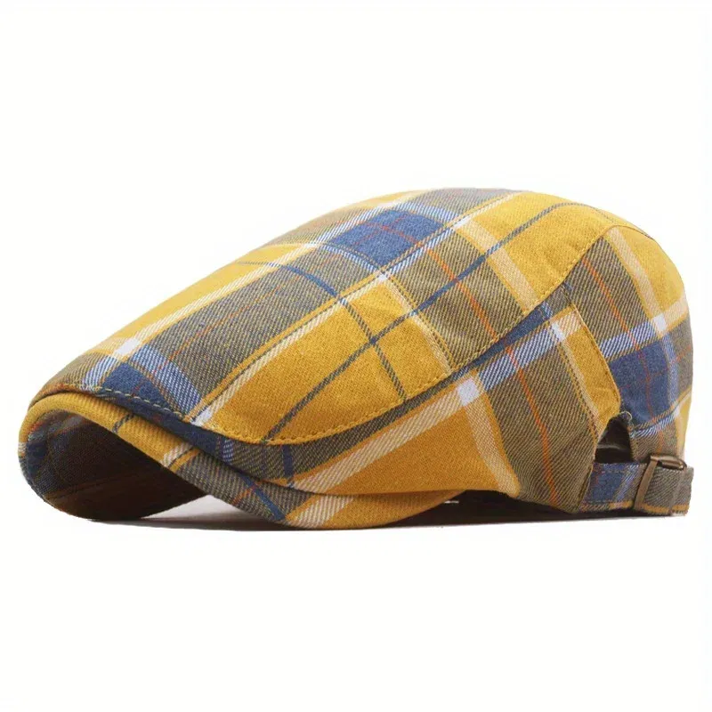 Color: Green - Men's Plaid Pattern Flat Cap Newsboy Hat Women Beret Cabbie Gatsby Cap