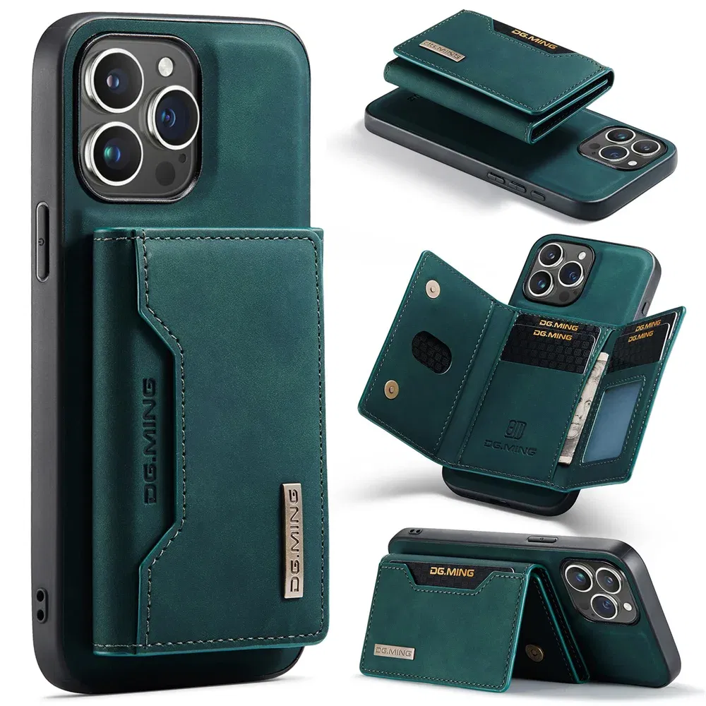 Color: green, Material: aluminum - 2 In 1 Case For iPhone 16 15 14 13 12 11 Pro Max Plus XS Max XR 8 Plus SE 2022 Wallet Magnetic Leather Card Holder Pocket Cover
