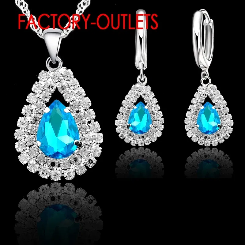 Metal color: Rhodium Plated - Hot Sale 925 Silver Needle Bridal Jewelry Sets Austrian Crystal Water Drop Necklaces Hoop Earrings Women Party Engagement