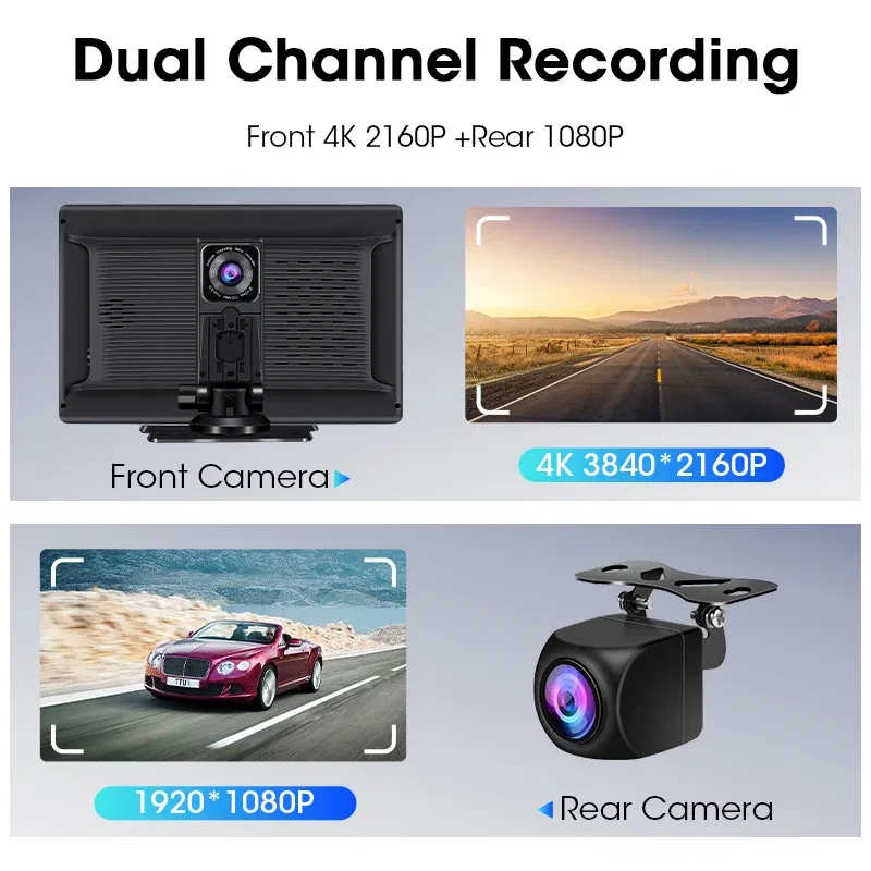 10.1" 4K Dash Cam Wireless Carplay Android Auto GPS Navigation Car DVR Rearview Camera Dashboard Video Recorder Monitor Park AUX