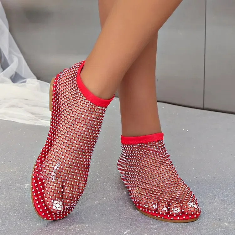 Color: Red, Shoe Size: 36 - Women Summer New Fashion Mesh Luxurious Rhinestone Designer Simple Solid Color Sandals Daily Versatile Round Toe Womens Sandal